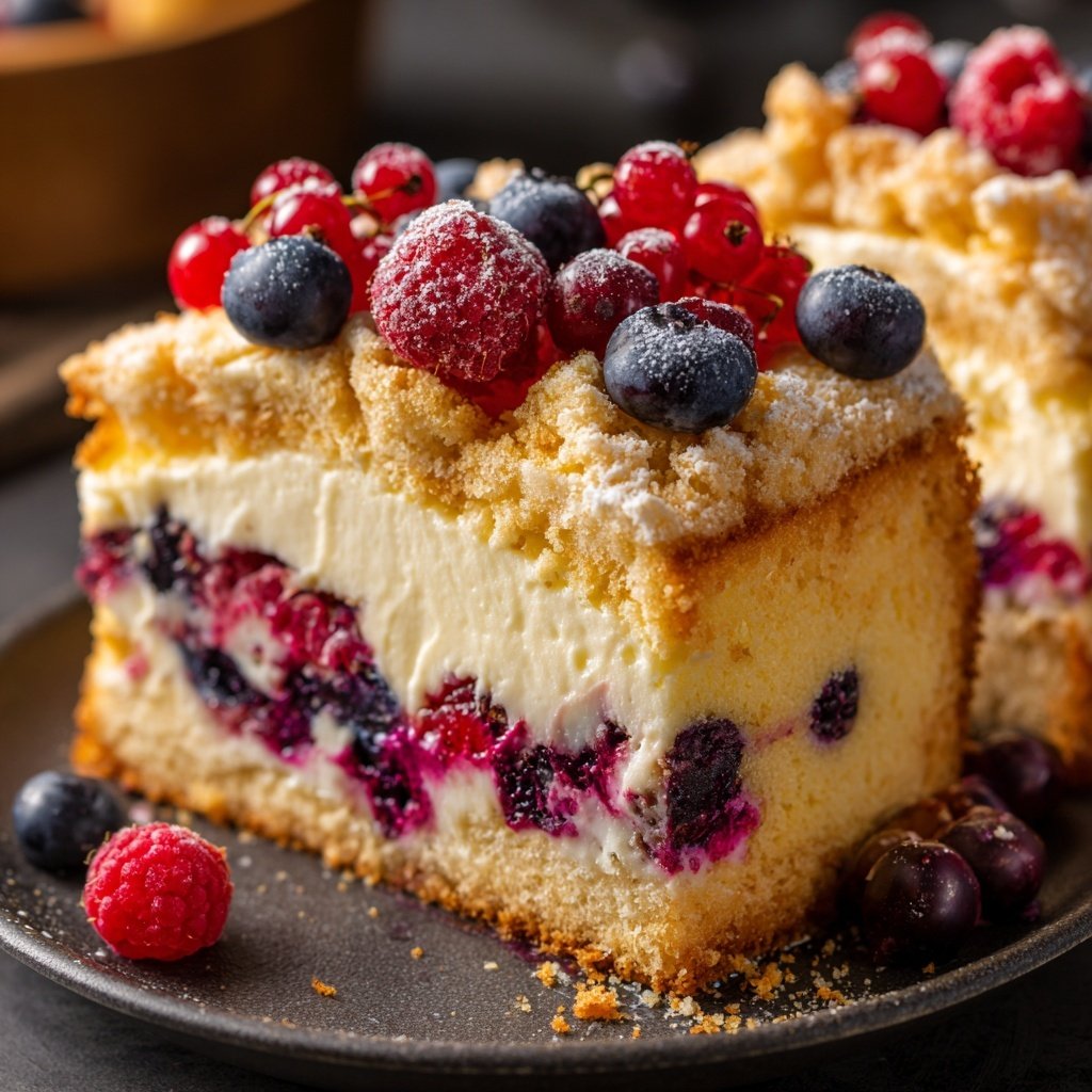 Blechkuchen mit Beeren und Vanillepudding
