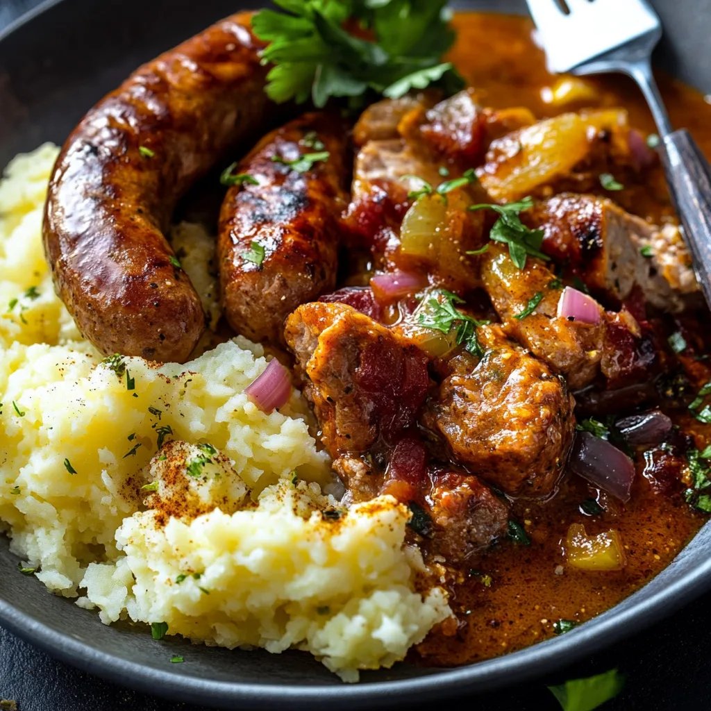 Cremige Rinderwurst und Paprika auf Kartoffelpüree